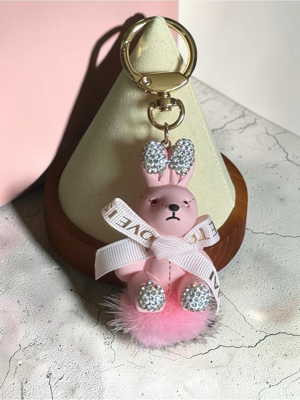 Pink Bunny Pom-Pom Keychain with Rhinestone Accents NIP